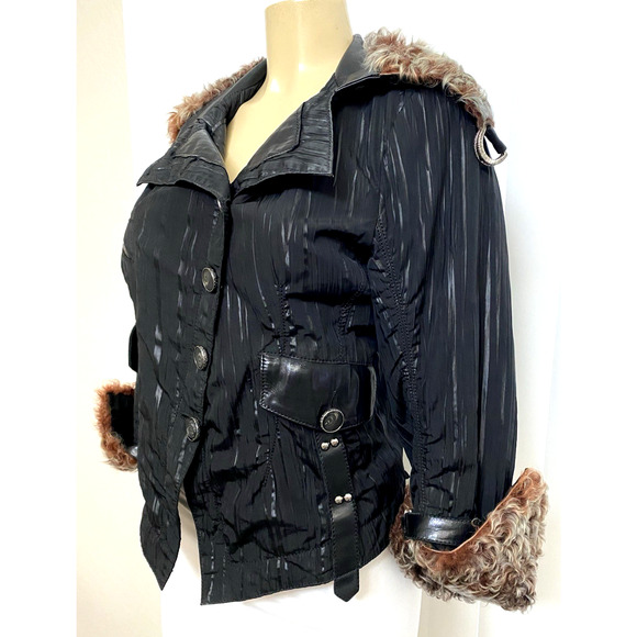 Punto Jacket Fur Collar Black Button Closure Pockets Leather trim 6 S - Picture 3 of 13